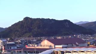 いきいきふれあい梅と夕陽に映える霧島連山