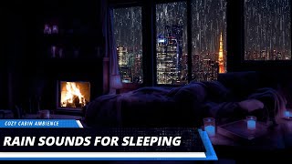 Gentle Rain Sounds for Sleeping with Crackling Fireplace in a Cozy Cabin with large Windows