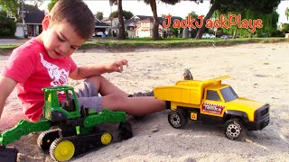 Tonka Dump Truck for Kids - Unboxing, Playing, Digging - John Deere Backhoe Excavator