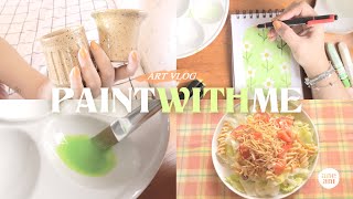 Paint with me: Ghibli Style Gouache Florals | Thrifted Handmade Ceramics | Slow Living Art Vlog