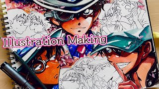 【名探偵コナン】服部平次・怪盗キッド描いてみた！【アナログ・水彩イラストメイキング・watercolorpainting】