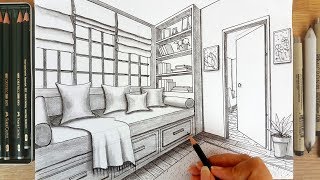 Drawing A Room in Two Point Perspective | Timelapse