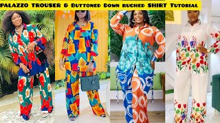 How to Cut and Sew a Casual PALAZZO TROUSER and Buttoned Down SHIRT / Side Ruched Two Piece Tutorial