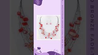 Multistrand Bronze Fade-to-Red Beads Beaded Necklace \u0026 Matching Earrings Set