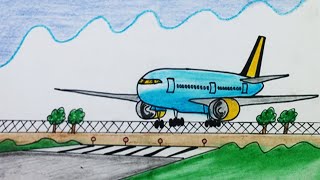 Landing plane drawing easy and simple scenery| Boeing 777 plane drawing step by step