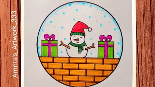 Christmas Drawing | How to Draw Christmas Scenery for Kids: Snowman Drawing Easy