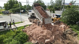 Large Filling Stones Project Using Heavy And Big Team Bulldozers With Dump Trucks Operated