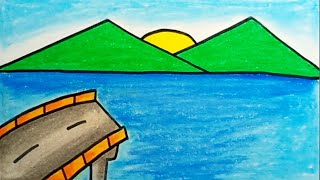 How To Draw Easy Scenery |How To Draw Mountain Scenery And Ocean Ships Easy For Kids