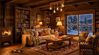 Soothing Jazz Music in Cozy Reading Nook 📚 Fireplace Sounds \u0026 Snowfall Ambience for Relaxation