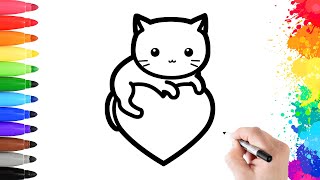 Easy colorful cat drawing tutorial for children 🐈🩷💙