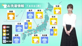 8日(木)の洗濯天気予報 引き続き室内干しを推奨