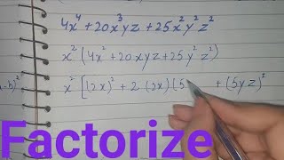 Factorize 4x^4+20x^3yz+25x^2y^2z^2 (4x4+20x3yz+25x2y2z2)