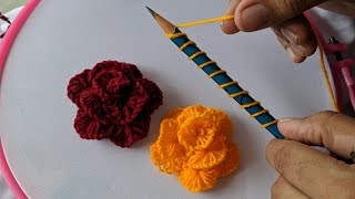 Amazing Hand Embroidery Rose flower design trick with pencil | 3d Easy Woolen Flower Ideas