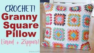 EASY CROCHET: Granny Square Pillow Tutorial (Fully lined + Zipper!)