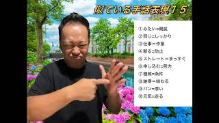 #５０８　似ている手話表現１５①みたい=親戚②同じ=しっかり③仕事＝作業④断る=防止⑤ストレート＝まっすぐ⑥申し込む=努力⑦機械=条件⑧納得＝味わる⑨パン=厚い⑩元気=走る