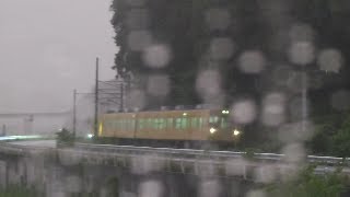 福塩線※井原鉄道　黄色い電車　ゴールド列車通過　雷雨