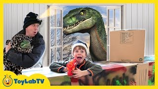 Dinosaur Chase with Park Rangers in Giant Box Fort Cardboard House