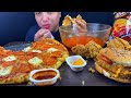 eating spicy 🔥 korean maggi juicy chicken pepperoni pizza chicken burger crispy chicken mukbang