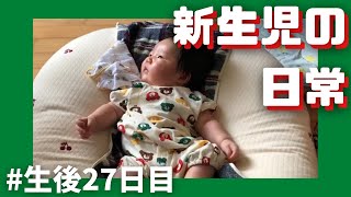 【生後27日目】髪の毛フサフサな新生児の日常　ぐずりそうで我慢しそうでぐずり出す様子