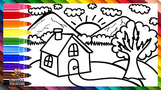 Dibuja y Colorea Un Paisaje Muy Fácil 🏠🌳🌄🌈 Dibujos Para Niños