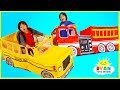 Ryan Pretend play with School Bus Tent and Fire Truck Vehicle