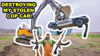 DESTROYING My STOLEN POLICE CAR with GIANT EXCAVATOR!!!