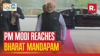 PM Modi Arrives At Bharat Mandapam In Pragati Maidan For G20 Meet
