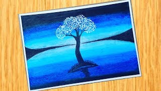 A bluelight  wonderful tree scenery drawing with oil pastel bor beginners