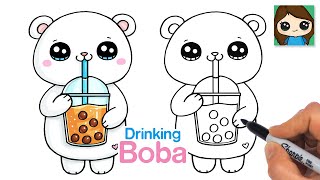 How to Draw a Polar Bear Drinking Boba | Cute Drink