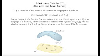 MAT 2214 Section 4.1: Functions of Several Variables (Part 2, Surfaces and Level Curves)