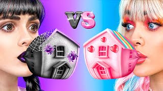 One Colored House Challenge! Wednesday Addams vs Enid! Best Building Hacks!