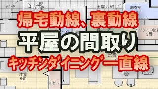 帰宅動線、裏動線の良い平屋の間取り　キッチンとダイニングテーブル一直線の住宅プラン　シューズクローク、パントリー、ファミリークロゼット　37坪3LDK間取りシミュレーション