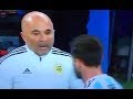 Jorge Sampaoli appears to ask Lionel Messi if he should put Sergio Aguero on