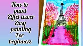 how to paint a cherry blossom trees and Eiffel tower painting for beginners #eiffeltower
