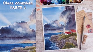 CLASE DE ACUARELAS📚 CIELO Y NUBES🎨  PARTE 1 | PAISAJE CON FARO