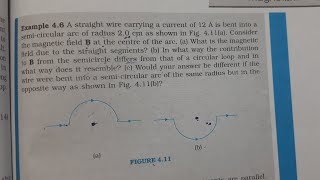 A straight wire carrying a current of 12 A is bent into a semi-circular arc of radius 2.0 cm as show