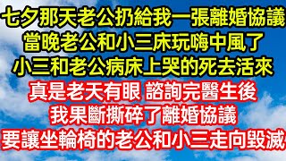 七夕老公甩給我離婚協議，當晚他和小三床上嗨過頭中風，病床上老公小三哭得撕心裂肺，諮詢完醫生後我冷笑著撕碎協議，要讓坐輪椅的老公和小三走向毀滅#為人處事#生活經驗#情感故事#唯美频道