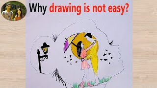 How to draw Romantic couple Scenery inside a girl's face - Couple Drawing  in Moonlight for Step by