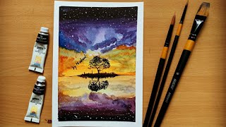 Watercolor painting for beginners beautiful night sky and tree