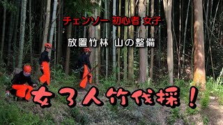 【竹伐採】チェンソー初心者 女子 女友達２人が竹伐採を手伝いに来てくれた！女子力で山の整備 スチールチェーンソー竹伐採女子参上！今回は、切った竹の後片付けを中心に進めた。【岐阜県】【恵那市】