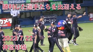 つば九郎、勝利した選手たちを出迎える 2023/7/22