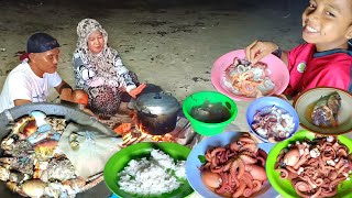 berburu makanan gratis || seafood harga selangit, Oktopus, sotong batu, kerang mutiara, buntal,