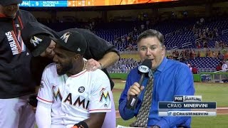 WSH@MIA: Ozuna gets pied discussing his walk-off hit