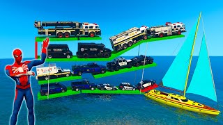 GTA 5 Spiderman MOD, Loading Rescue & police Cars, Jeep, Trucks, buses, Tractors Into Big Truck