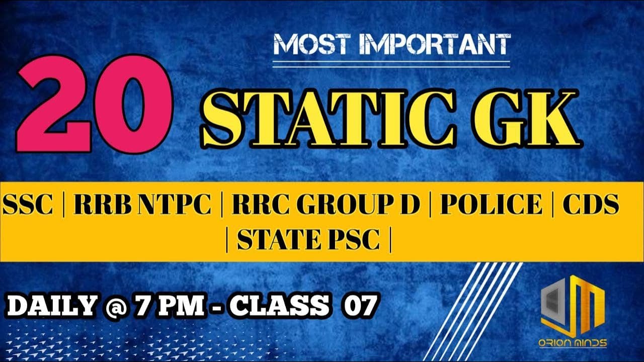 IMPORTANT 20 STATIC GK TOPICS || DAILY SERIES || SSC RRB PSC || Part 7 ...