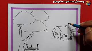 Draw | Village Scenery Drawing | Pencil Art Scenery With Voice tutorial