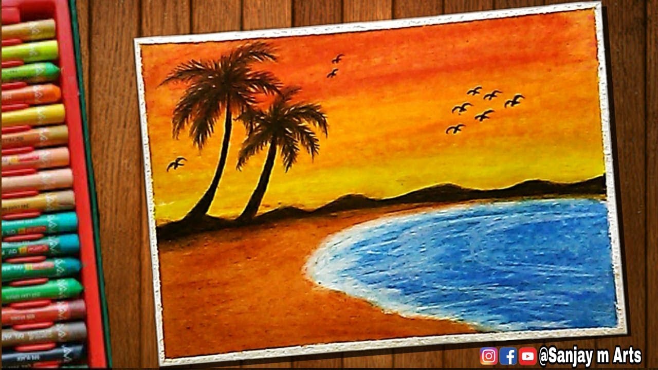 Marvelous Sunset At Beach Scenery Drawing With Oil Pastels - Step By ...