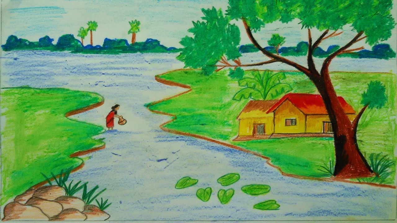 How To Draw A Simple River Landscape | To Draw A Village Scenery - YouTube