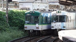 京阪 石山坂本線 600形 607-608編成 紫式部標識 近江神宮前行き 615-616編成 光る君へラッピング車 石山寺行き 京阪膳所駅 20241012