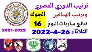 ترتيب الدوري المصري وترتيب الهدافين ونتائج مباريات اليوم الثلاثاء 26-4-2022 من الجولة  16